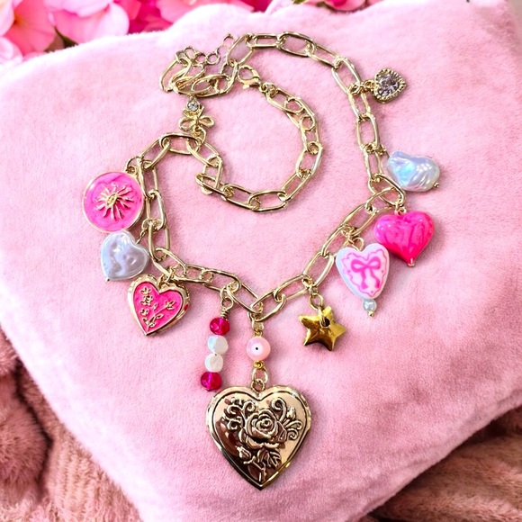 Pink and gold charm necklace Girly and Cute Coquette girl aesthetics Adorable - Picture 1 of 17
